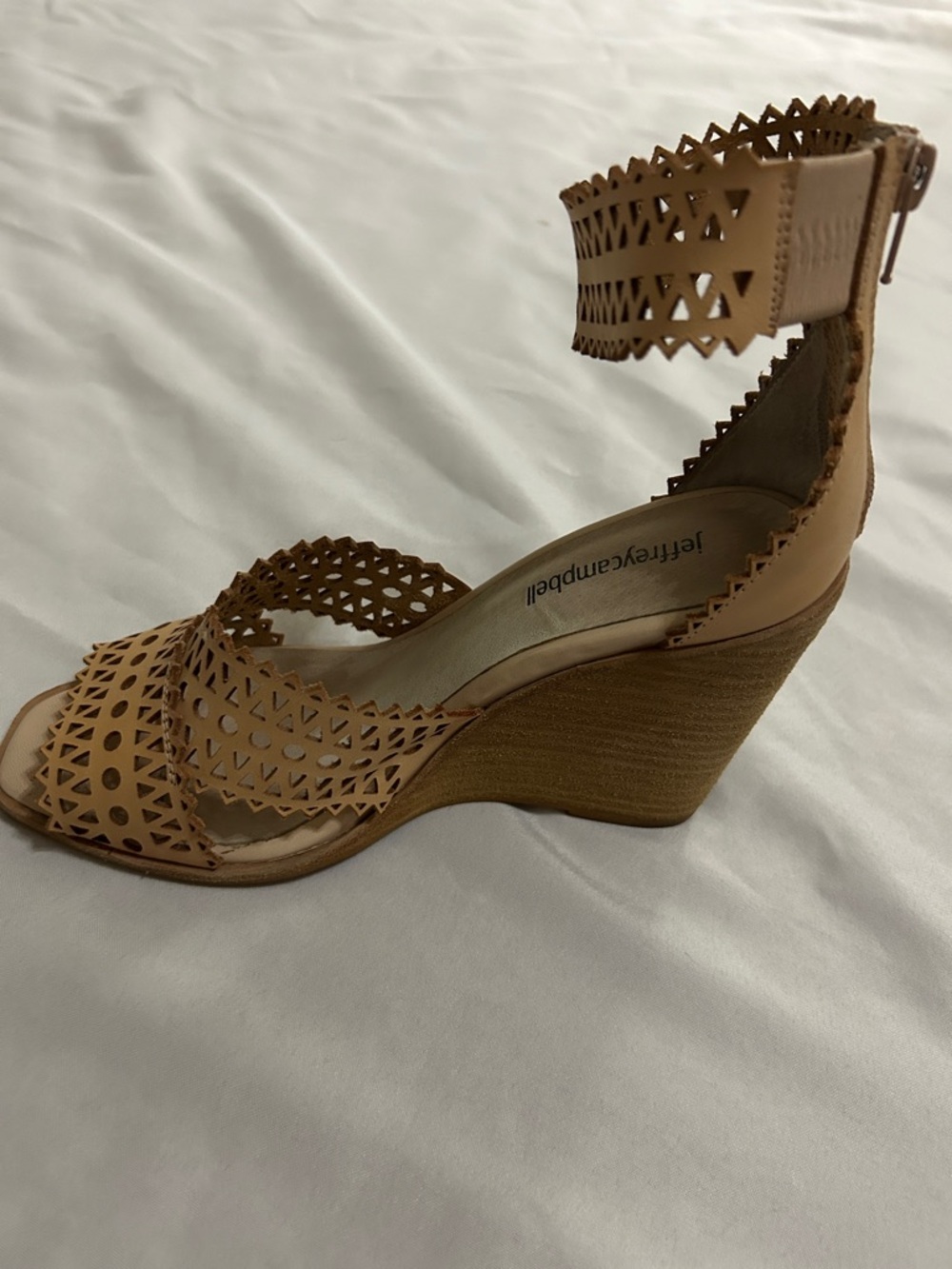 Jeffrey Campbell Tan Laser-Cut Geometric Ankle Strap Heels